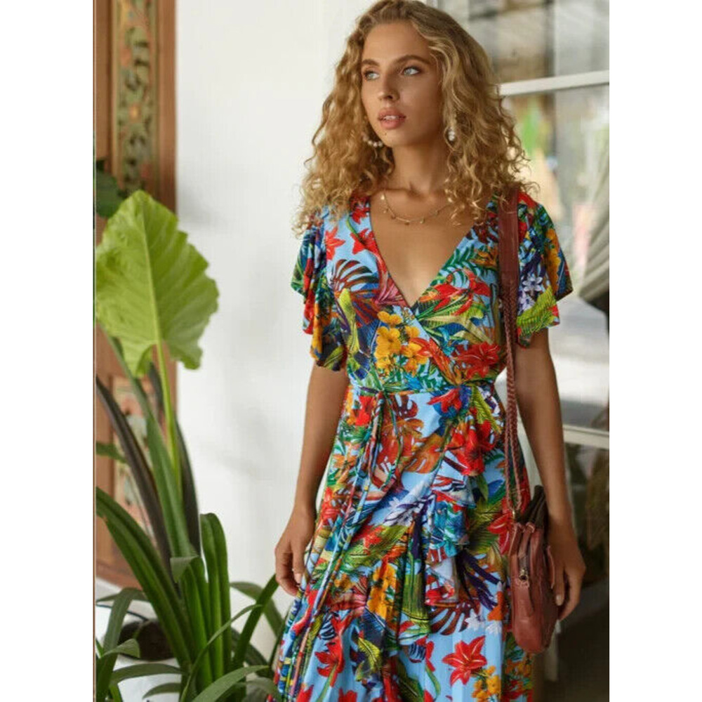 Bali ELF Made By Hand Carmen Floral Tiered Wrap Maxi Dress Sz XL Jungle Oasis - Picture 2 of 10